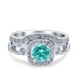 Two Piece Art Deco Wedding Engagement Bridal Set Ring Band Round Simulated Cubic Zirconia 925 Sterling Silver