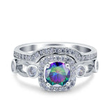Two Piece Art Deco Wedding Engagement Bridal Set Ring Band Round Simulated Cubic Zirconia 925 Sterling Silver