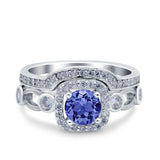 Two Piece Art Deco Wedding Engagement Bridal Set Ring Band Round Simulated Cubic Zirconia 925 Sterling Silver