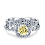Two Piece Art Deco Wedding Engagement Bridal Set Ring Band Round Simulated Cubic Zirconia 925 Sterling Silver