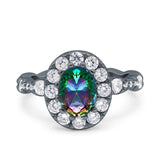 Oval Art Deco Halo Engagement Wedding Bridal Ring Round Simulated Cubic Zirconia 925 Sterling Silver