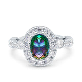 Oval Art Deco Halo Engagement Wedding Bridal Ring Round Simulated Cubic Zirconia 925 Sterling Silver