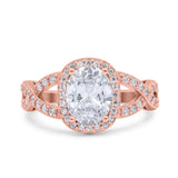 Infinity Twisted Shank Art Deco Halo Oval Wedding Engagement Ring Round Simulated Cubic Zirconia 925 Sterling Silver