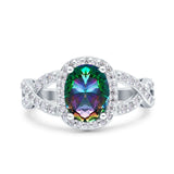 Infinity Twisted Shank Art Deco Halo Oval Wedding Engagement Ring Round Simulated Cubic Zirconia 925 Sterling Silver