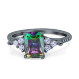 Art Deco Emerald Cut Wedding Bridal Ring Round Simulated Cubic Zirconia 925 Sterling Silver