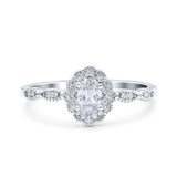 Halo Vintage Floral Art Deco Wedding Bridal Ring Oval Simulated Cubic Zirconia 925 Sterling Silver