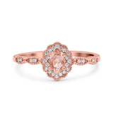 Halo Vintage Floral Art Deco Wedding Bridal Ring Oval Simulated Cubic Zirconia 925 Sterling Silver