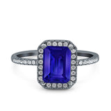 Emerald Cut Art Deco Halo Wedding Bridal Engagement Ring Round Simulated Cubic Zirconia 925 Sterling Silver