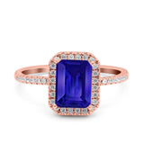 Emerald Cut Art Deco Halo Wedding Bridal Engagement Ring Round Simulated Cubic Zirconia 925 Sterling Silver