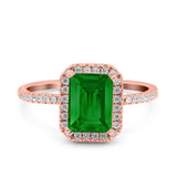 Emerald Cut Art Deco Halo Wedding Bridal Engagement Ring Round Simulated Cubic Zirconia 925 Sterling Silver