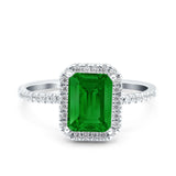 Emerald Cut Art Deco Halo Wedding Bridal Engagement Ring Round Simulated Cubic Zirconia 925 Sterling Silver