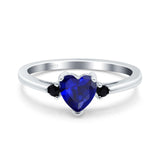 Art Deco Heart Three Stone Wedding Bridal Ring Round Black Simulated Cubic Zirconia 925 Sterling Silver