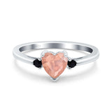 Art Deco Heart Three Stone Wedding Bridal Ring Round Black Simulated Cubic Zirconia 925 Sterling Silver