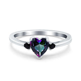 Art Deco Heart Three Stone Wedding Bridal Ring Round Black Simulated Cubic Zirconia 925 Sterling Silver