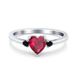Art Deco Heart Three Stone Wedding Bridal Ring Round Black Simulated Cubic Zirconia 925 Sterling Silver