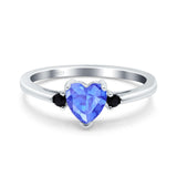 Art Deco Heart Three Stone Wedding Bridal Ring Round Black Simulated Cubic Zirconia 925 Sterling Silver
