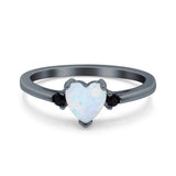 Art Deco Heart Three Stone Wedding Bridal Ring Round Black Simulated Cubic Zirconia 925 Sterling Silver