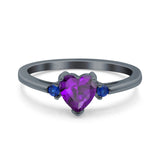 Art Deco Heart Three Stone Wedding Bridal Ring Round Blue Sapphire Simulated Cubic Zirconia 925 Sterling Silver