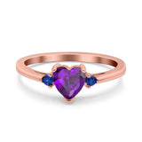 Art Deco Heart Three Stone Wedding Bridal Ring Round Blue Sapphire Simulated Cubic Zirconia 925 Sterling Silver