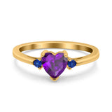 Art Deco Heart Three Stone Wedding Bridal Ring Round Blue Sapphire Simulated Cubic Zirconia 925 Sterling Silver