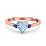 Art Deco Heart Three Stone Wedding Bridal Ring Round Blue Sapphire Simulated Cubic Zirconia 925 Sterling Silver