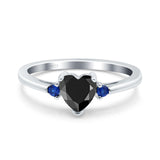 Art Deco Heart Three Stone Wedding Bridal Ring Round Blue Sapphire Simulated Cubic Zirconia 925 Sterling Silver