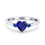 Art Deco Heart Three Stone Wedding Bridal Ring Round Blue Sapphire Simulated Cubic Zirconia 925 Sterling Silver
