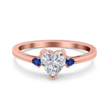 Art Deco Heart Three Stone Wedding Bridal Ring Round Blue Sapphire Simulated Cubic Zirconia 925 Sterling Silver