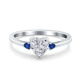 Art Deco Heart Three Stone Wedding Bridal Ring Round Blue Sapphire Simulated Cubic Zirconia 925 Sterling Silver
