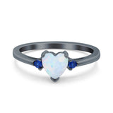 Art Deco Heart Three Stone Wedding Bridal Ring Round Blue Sapphire Simulated Cubic Zirconia 925 Sterling Silver
