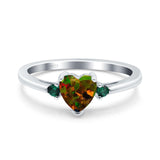 Art Deco Heart Three Stone Wedding Bridal Ring Round Green Emerald Simulated Cubic Zirconia 925 Sterling Silver