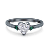 Art Deco Heart Three Stone Wedding Bridal Ring Round Green Emerald Simulated Cubic Zirconia 925 Sterling Silver