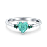Art Deco Heart Three Stone Wedding Bridal Ring Round Green Emerald Simulated Cubic Zirconia 925 Sterling Silver