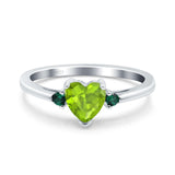 Art Deco Heart Three Stone Wedding Bridal Ring Round Green Emerald Simulated Cubic Zirconia 925 Sterling Silver