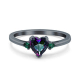 Art Deco Heart Three Stone Wedding Bridal Ring Round Green Emerald Simulated Cubic Zirconia 925 Sterling Silver