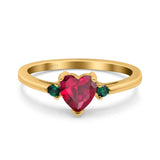 Art Deco Heart Three Stone Wedding Bridal Ring Round Green Emerald Simulated Cubic Zirconia 925 Sterling Silver