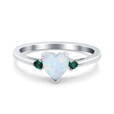 Art Deco Heart Three Stone Wedding Bridal Ring Round Green Emerald Simulated Cubic Zirconia 925 Sterling Silver