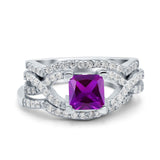 Three Piece Infinity Shank Cushion Cut Art Deco Halo Engagement Ring Round Simulated Cubic Zirconia 925 Sterling Silver