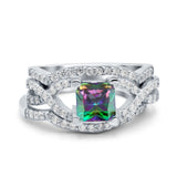 Three Piece Infinity Shank Cushion Cut Art Deco Halo Engagement Ring Round Simulated Cubic Zirconia 925 Sterling Silver