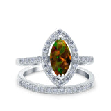 Two Piece Halo Marquise Art Deco Wedding Engagement Bridal Ring Round Simulated Cubic Zirconia 925 Sterling Silver