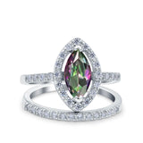 Two Piece Halo Marquise Art Deco Wedding Engagement Bridal Ring Round Simulated Cubic Zirconia 925 Sterling Silver