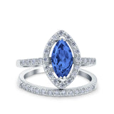 Two Piece Halo Marquise Art Deco Wedding Engagement Bridal Ring Round Simulated Cubic Zirconia 925 Sterling Silver