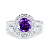 Two Piece Halo Ring Band Bridal Set Round Simulated Cubic Zirconia 925 Sterling Silver