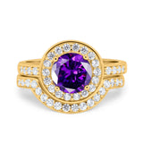 Two Piece Halo Ring Band Bridal Set Round Simulated Cubic Zirconia 925 Sterling Silver