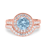 Two Piece Halo Ring Band Bridal Set Round Simulated Cubic Zirconia 925 Sterling Silver