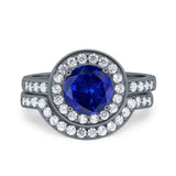 Two Piece Halo Ring Band Bridal Set Round Simulated Cubic Zirconia 925 Sterling Silver