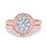 Two Piece Halo Ring Band Bridal Set Round Simulated Cubic Zirconia 925 Sterling Silver