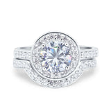 Two Piece Halo Ring Band Bridal Set Round Simulated Cubic Zirconia 925 Sterling Silver