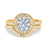 Two Piece Halo Ring Band Bridal Set Round Simulated Cubic Zirconia 925 Sterling Silver