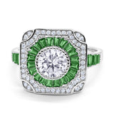 Art Deco Wedding Engagement Antique Style Ring Baguette Round Cubic Zirconia 925 Sterling Silver